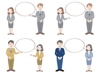 ふきだしとスーツ姿の若い男女　案内　笑顔　全身