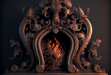 rounded, ornate fireplace with fire, generative ai