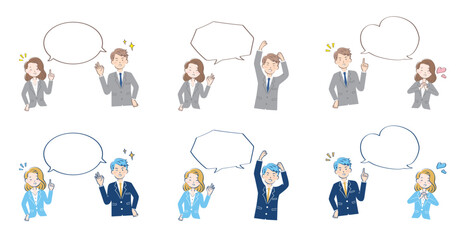 ふきだしとスーツ姿の若い男女　嬉しい　喜ぶ　上半身