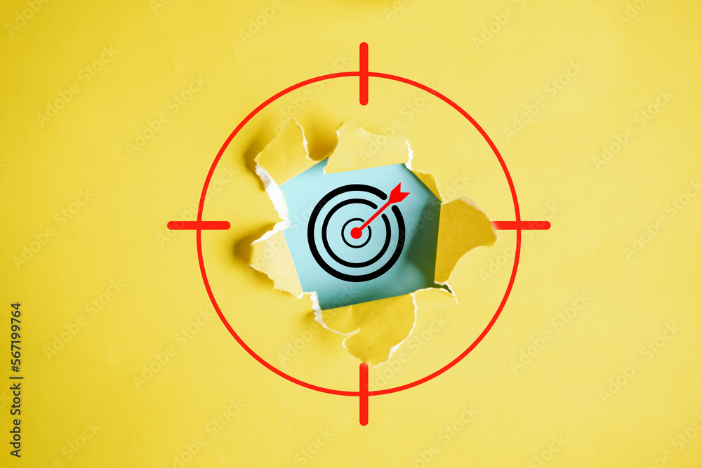 Poster dartboard with arrow hiding of yellow punched paper, aiming target of business for planning business