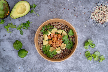 Salmon and Avocado power bowls on table 