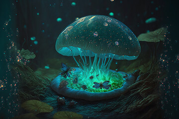 Fototapeta na wymiar beautiful closeup fantasy magic mushroom in fairy forest, fireflies bokeh lighting background, green teal blue light, graphic wallpaper design. 