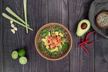 Salmon and Avocado power bowls on table 