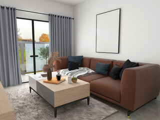 Modern Interior wooden furniture and sofa. 3D rendering