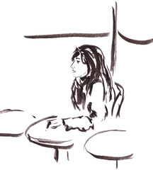 girl in a cafe, travel sketch, graphic drawing