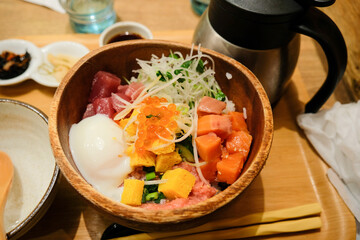 Rice topped with traditional Japanese food