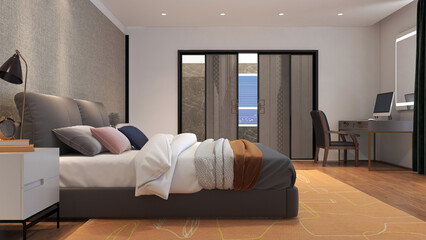 Modern and cozy home bedroom interior. 3D rendering