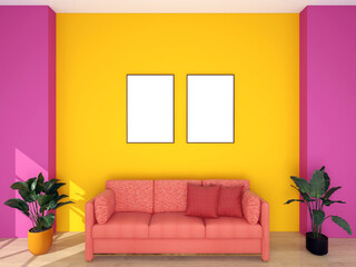 Modern pink living room with yellow sofa. 3D rendering