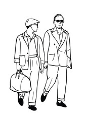 two men walking together hand drawn art illustration