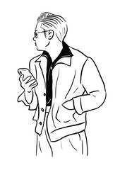 man using mobile phone, hand drawn art illustration, people, lifestyle