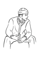 A man wearing a hat wearing a coat sits and waits in cold weather.
happy people living in the city hand drawn line drawing