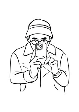 Man using mobile phone to take pictures, hand drawn art illustration, people, lifestyle