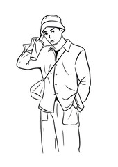 man standing holding glass of water, hand drawn art illustration, people, lifestyle