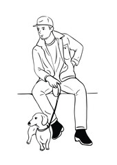 Fototapeta na wymiar Man Walking Dog casual style man wearing street art hand drawn illustration