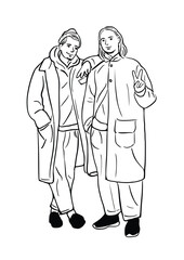 two men walking together hand drawn art illustration