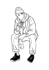 man using mobile phone, hand drawn art illustration, people, lifestyle