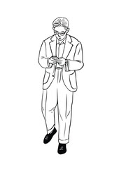 man using mobile phone, hand drawn art illustration, people, lifestyle