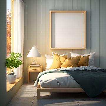 Home mockup, bedroom interior background with yellow furniture and empty square frames, Coastal style, 3d render, generative ai