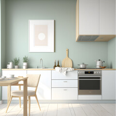 Mock up poster frame in kitchen interior, Scandinavian style background, 3d render, generative ai