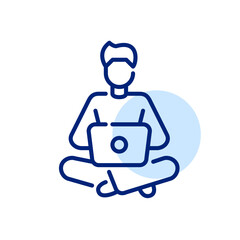 Remote worker. Man in comfortable clothes sitting with a laptop on his lap. Pixel perfect, editable stroke