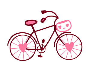 Hand drawn Valentine bicycle in simple doodle style. Perfect for tee, stickers, cards. Isolated vector illustration for decor and design.