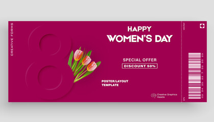 Ticket vector template layout 8 March. International Women's Day Illustration Concept. Great for poster, cover, art, tickets, prints, etc. Place for text