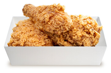 Fried chicken in paper box isolated on white background, Fried chicken on paper box for delivery, With clipping path.