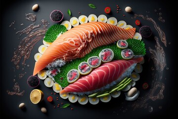 Sushi illustration,Japanese Traditional Cuisine, ai, Generative
