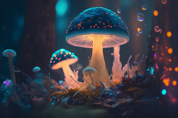 closeup atmosphere colorful fantasy magic mushroom in fairy forest, fireflies bokeh lighting background.