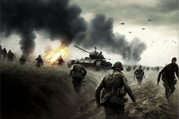 Soldiers battling in trench warfare with tanks and guns, Digital illustration, Generative AI