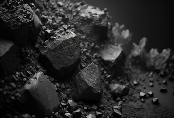 Macro view of dark charcoal. 3D rendering style. Generative AI illustration