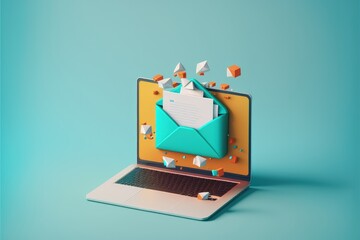 Laptop with envelope on screen, concept of sending and receiving emails, blue background, Generative AI

