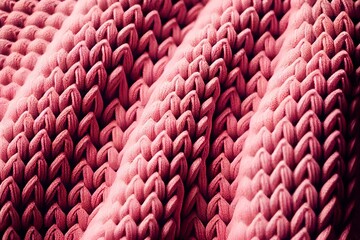 Obraz premium Coral pink knitted fabric surface abstract background. Decorative knitwear texture closeup, detailed woolen textile. Natural material Coral pink knitted fabric pattern.
