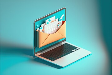 Laptop with envelope on screen, concept of sending and receiving emails, blue background, Generative AI
