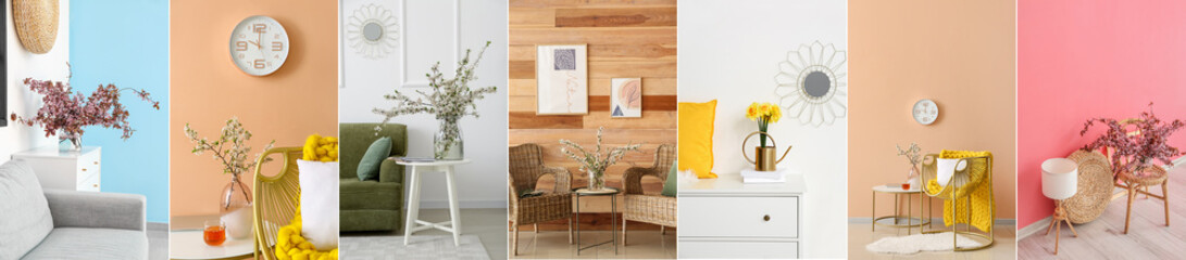 Spring collage with beautiful flowers in home interiors