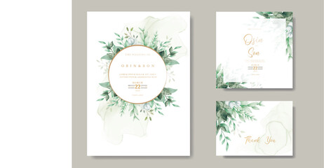 Green Leaves Watercolor Wedding Invitation Card Template