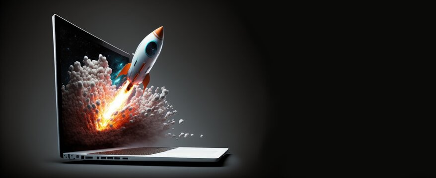 Rocket taking off from laptop screen on black background with copy space on the side, startup concept, Generative AI