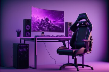 Gamer PC setup with table, chair and computer, purple background, Digital illustration AI

