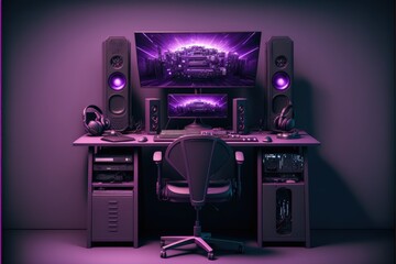 Gamer PC setup with table, chair and computer, purple background, Digital illustration AI

