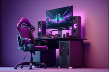 Gamer PC setup with table, chair and computer, purple background, Digital illustration AI
