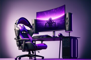 Gamer PC setup with table, chair and computer, purple background, Digital illustration AI
