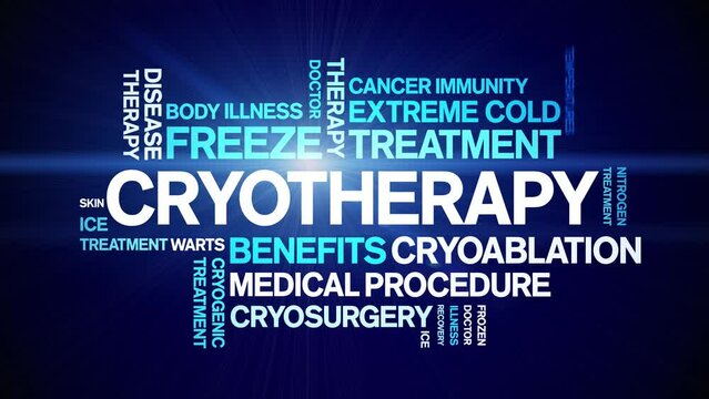 Cryotherapy animated tag word cloud;text design animation kinetic typography seamless loop.