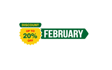 20 Percent FEBRUARY discount offer, clearance, promotion banner layout with sticker style.