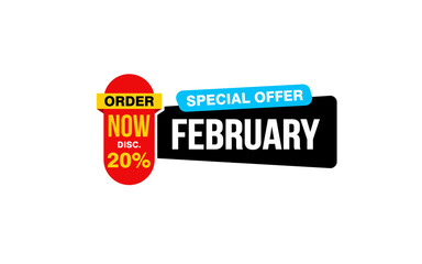 20 Percent FEBRUARY discount offer, clearance, promotion banner layout with sticker style.