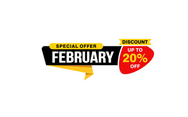 20 Percent FEBRUARY discount offer, clearance, promotion banner layout with sticker style.