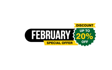 20 Percent FEBRUARY discount offer, clearance, promotion banner layout with sticker style.