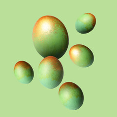 Beautiful flying Easter eggs on green background