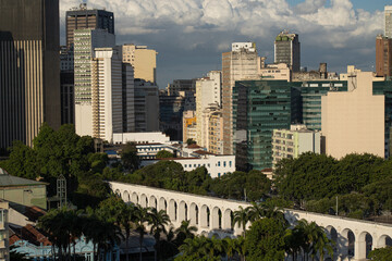 Arches of Lapa in sky with clouds, Rio de Janeiro, Brazil. Colonial architecture and downtown.