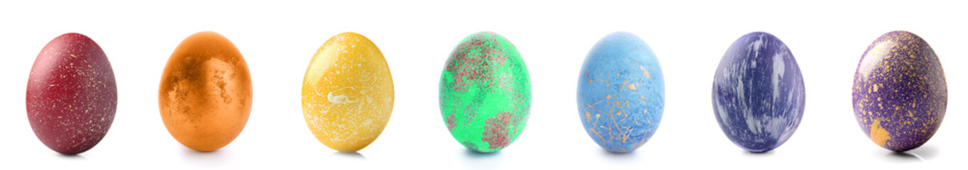 Set of colorful Easter eggs on white background