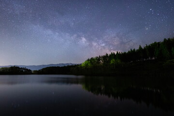 Fototapeta premium 湖と森の夜空に輝く天の川